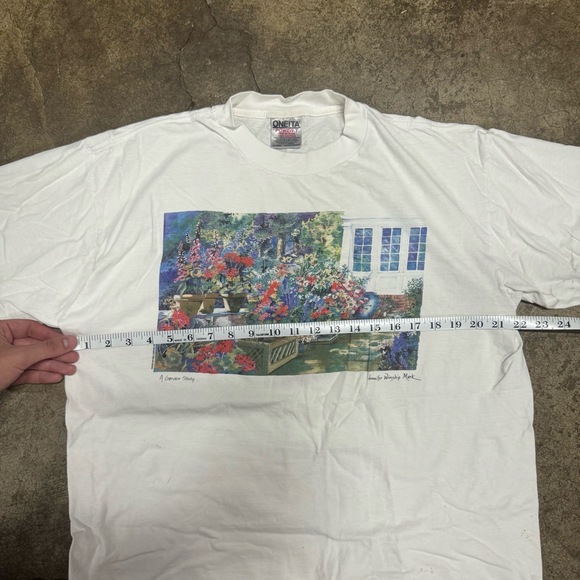 ONEITA POWER-T Mens XL White Graphic T-Shirt Vintage A Garden Story Floral Art 9 - Picture 5 of 7